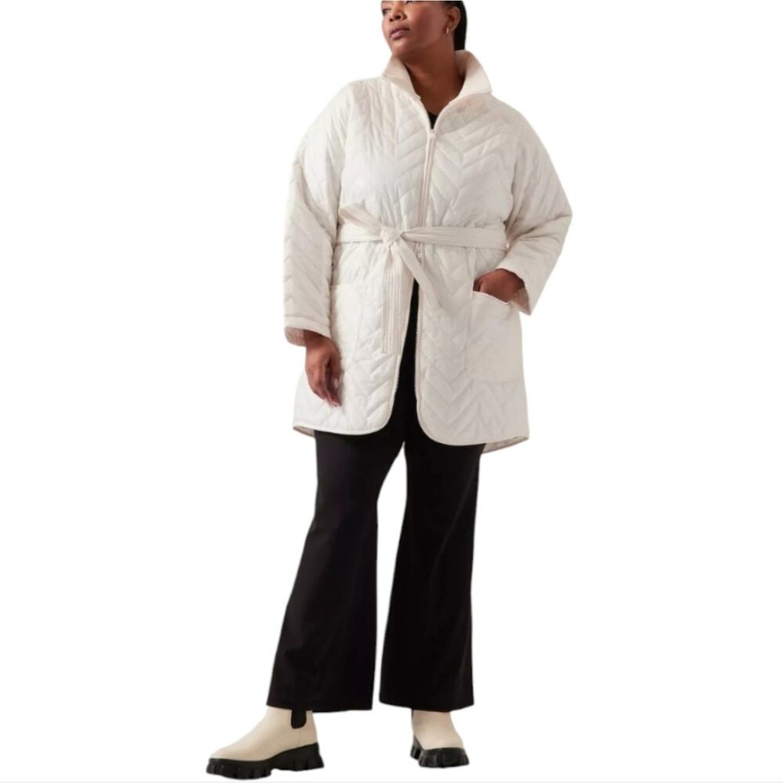 Athleta Mendocino Coat, Magnolia White Quilted Belted Plus Size 3x New!